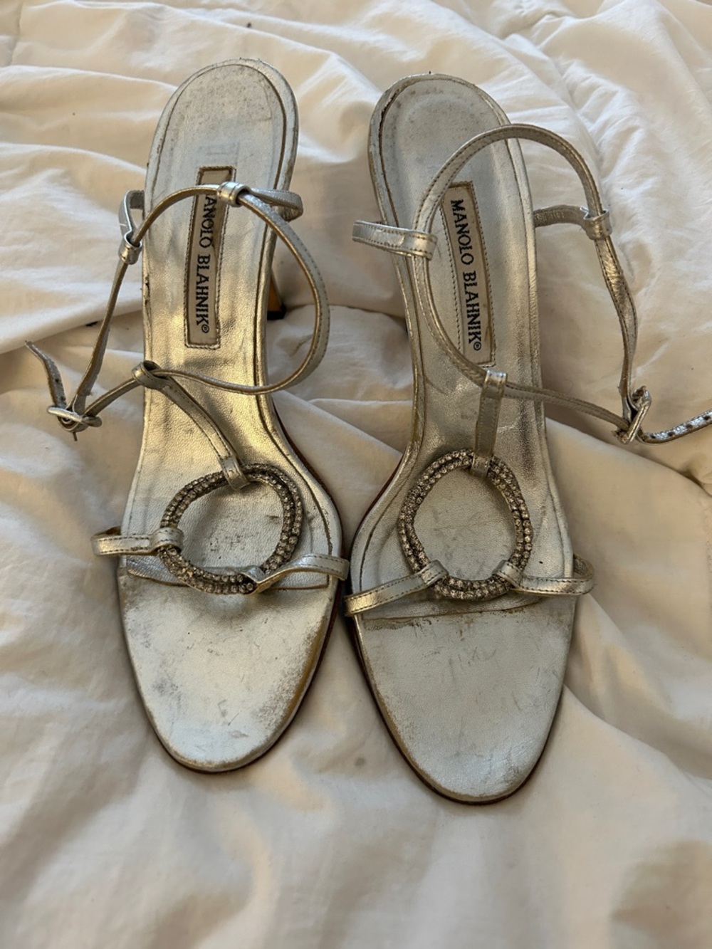 Manolo Blahnik Silver Crystal-Embellished Slingback Sandals